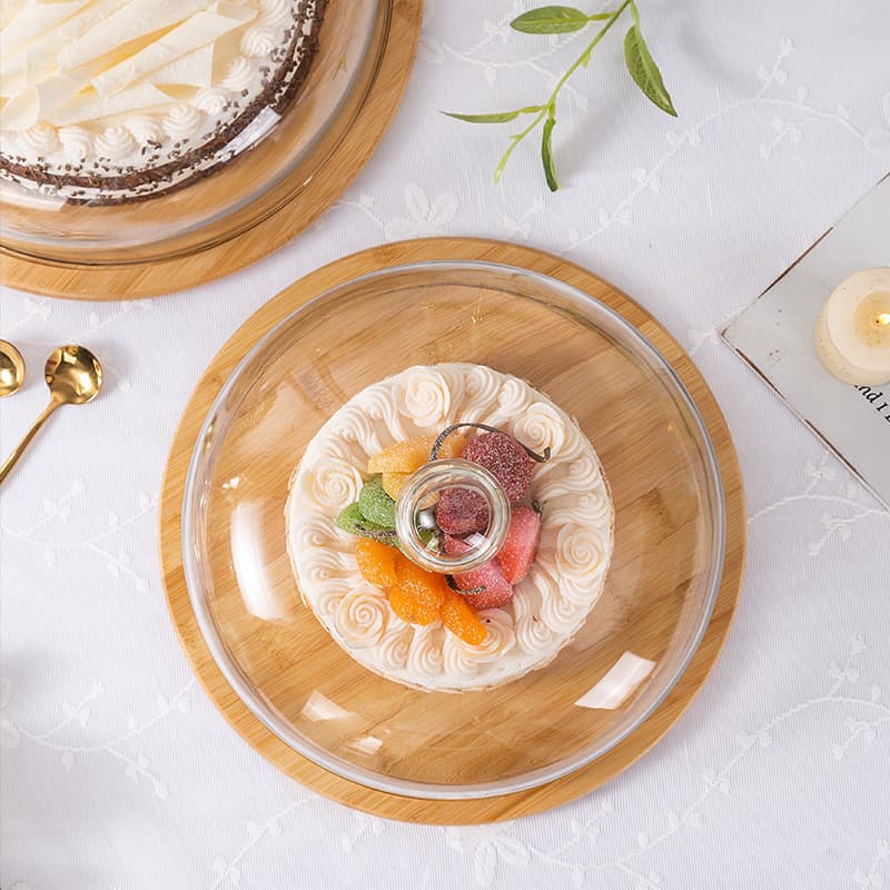 Prato de vidro transparente para bolo, chá da tarde, frutas, sobremesa, lanche, pão, prato de degustação com tampa e bandeja de bambu - imagem 5