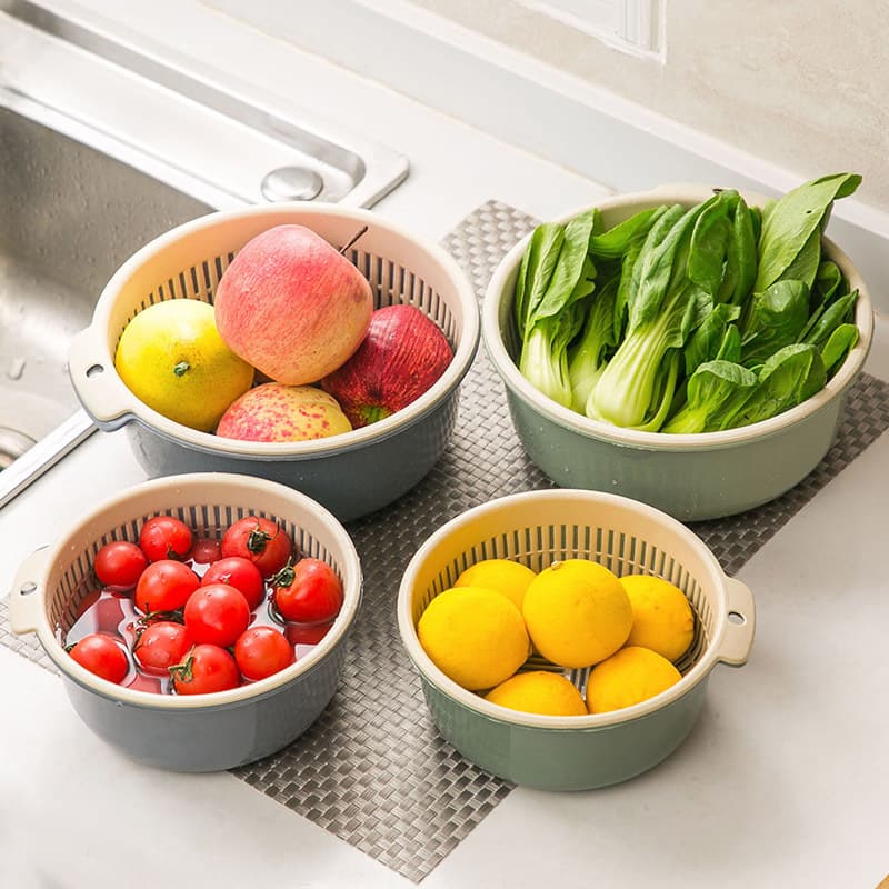[Cesta de drenagem de dupla camada extra grande espessada] Cesta de vegetais de cozinha, cesta de frutas, cesta de drenagem redonda de duas camadas atacado - imagem 4