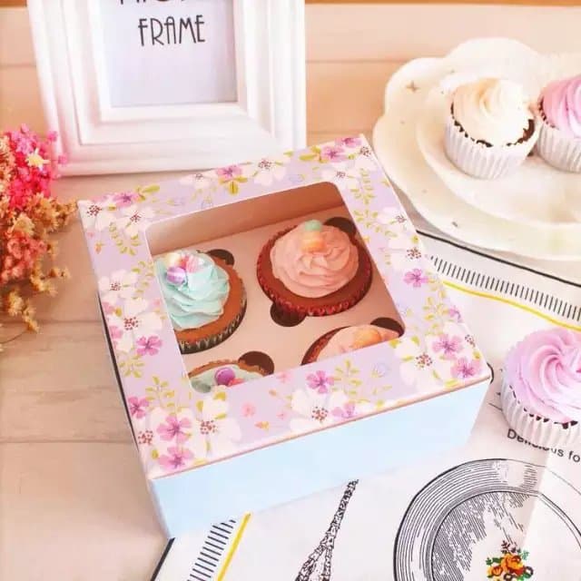 Caixa de muffin rosa retrô para 4 cupcakes, caixa de bolo de 4 xícaras, pudim de bolo lunar, caixa de embalagem de cozimento de pastelaria pequena - imagem 5