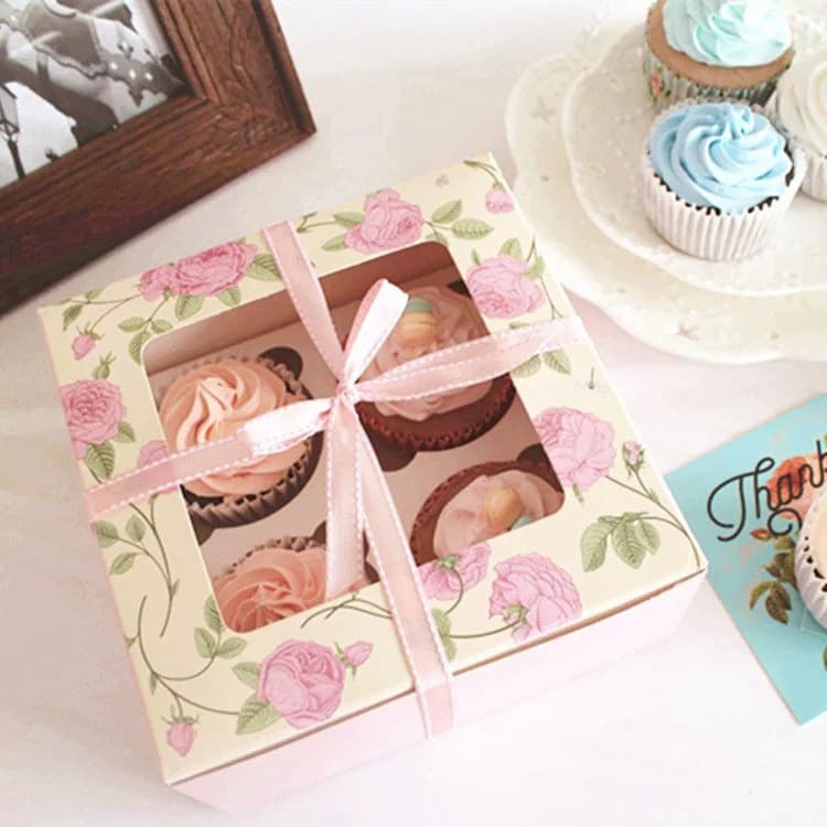 Caixa de muffin rosa retrô para 4 cupcakes, caixa de bolo de 4 xícaras, pudim de bolo lunar, caixa de embalagem de cozimento de pastelaria pequena - imagem 1
