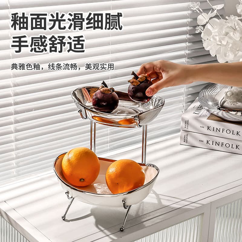 Prato de frutas de cerâmica de luxo leve prato de frutas multicamadas doméstico prato de frutas secas de alto valor tecnologia de galvanoplastia lingote prato de doces atacado - imagem 4