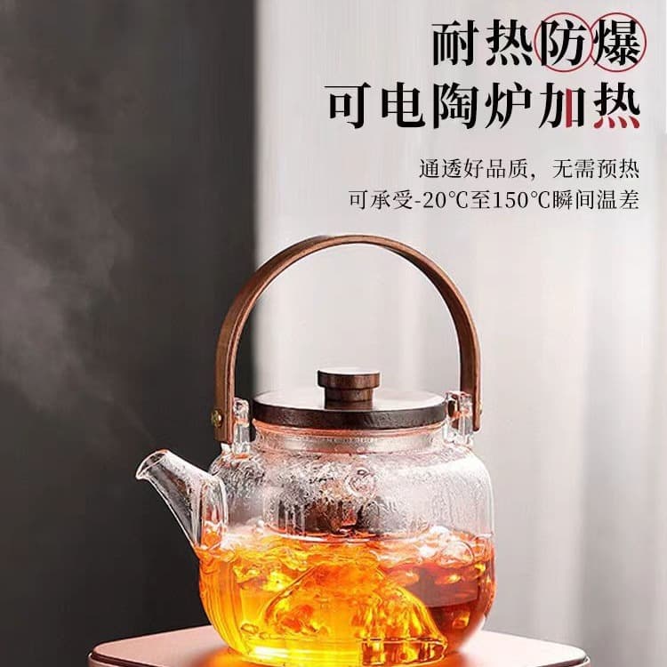 Chaleira com cabo de vidro listrado vertical de alto borosilicato com tampa de nogueira bule fumaça cinza resistente a altas temperaturas conjunto de preparação de chá - imagem 1