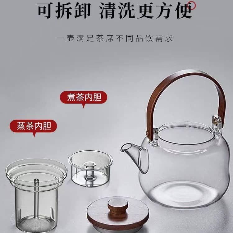 Chaleira com cabo de vidro listrado vertical de alto borosilicato com tampa de nogueira bule fumaça cinza resistente a altas temperaturas conjunto de preparação de chá - imagem 5