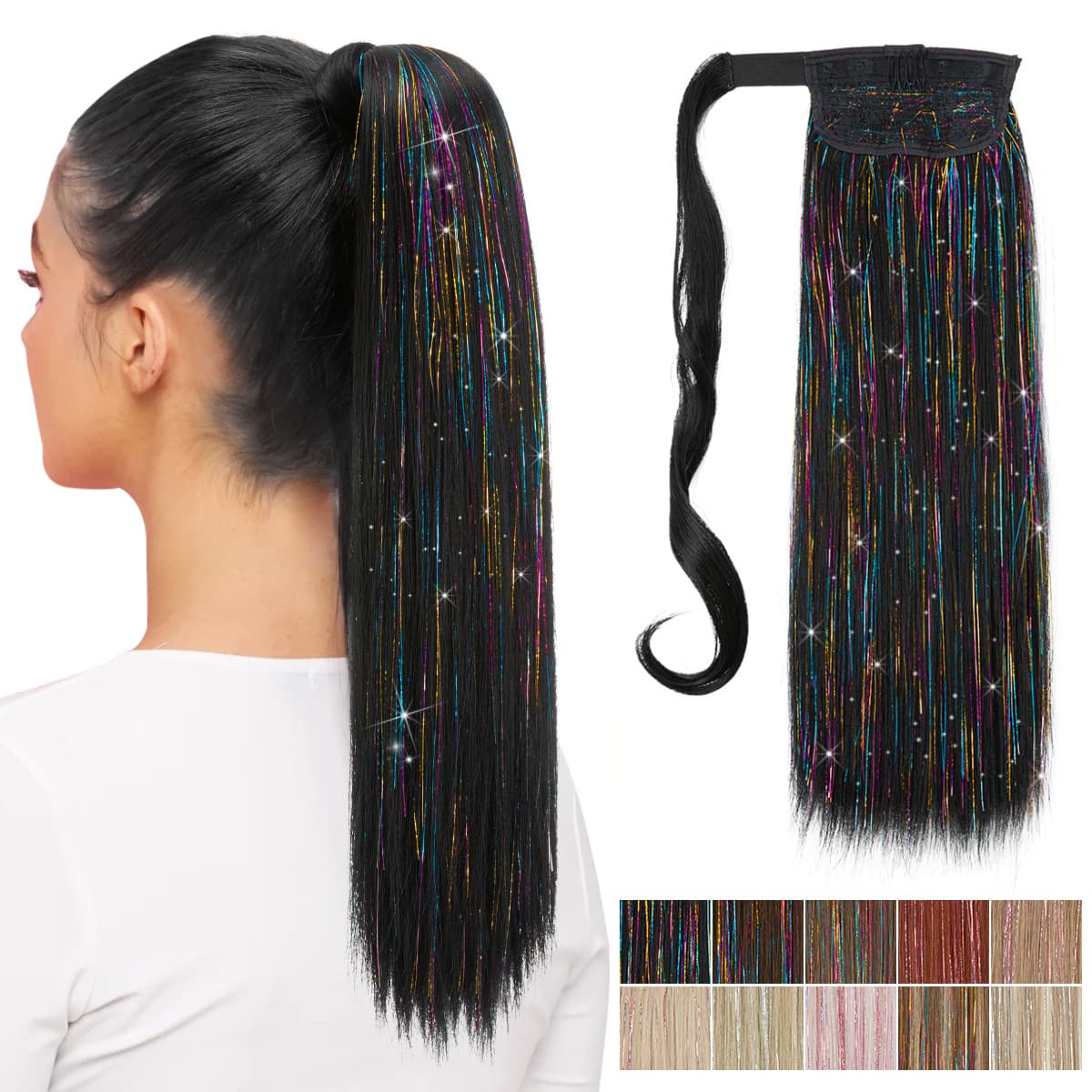 Peruca, rabo de cavalo com amarração, cinto com rabo de cavalo, cabelo liso, dourado e prateado - imagem 1