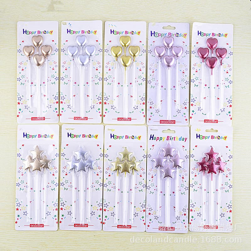 Suprimentos de decoração de bolo de aniversário, quatro pacotes, pólo longo, banhado a ouro, amor, estrela de cinco pontas, velas de aniversário - imagem 1