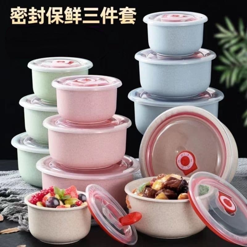 Tigela de palha de trigo para manter fresco conjunto de três peças para refeições domésticas, forno de micro-ondas fresco, lancheira aquecida, geladeira com tampa, caixa para manter fresco - imagem 1