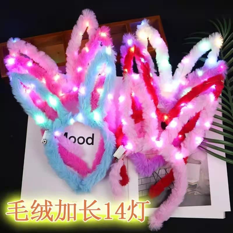 [14灯发光毛绒兔耳朵LED灯发箍儿童女孩加长闪光景区夜市地摊玩具] - imagem 1