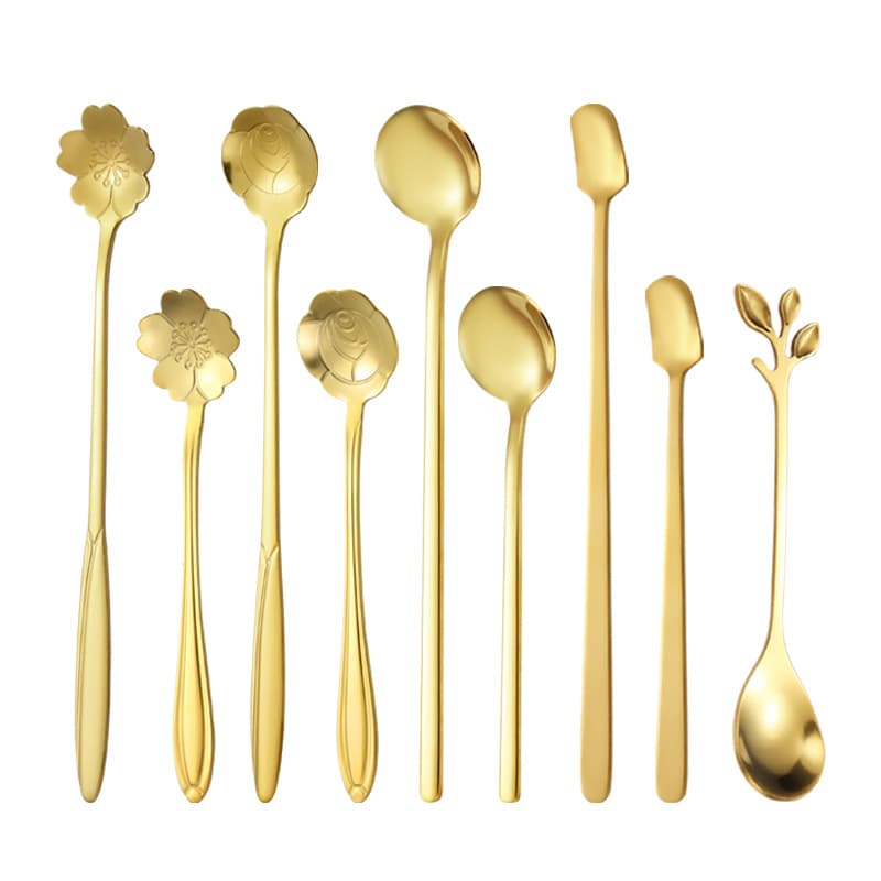 Colher de flor de cerejeira em aço inoxidável, várias colheres para mexer, colheres de folhas, colheres redondas douradas, colheres de café de cabo curto, colheres de caneca de cabo longo - imagem 5