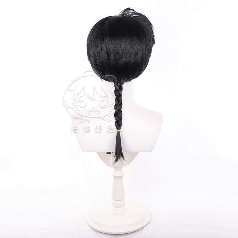 [Haogang] Ranma 1/2 Saotome Ranma cos peruca preta redonda couro cabeludo tranças longas - imagem 3
