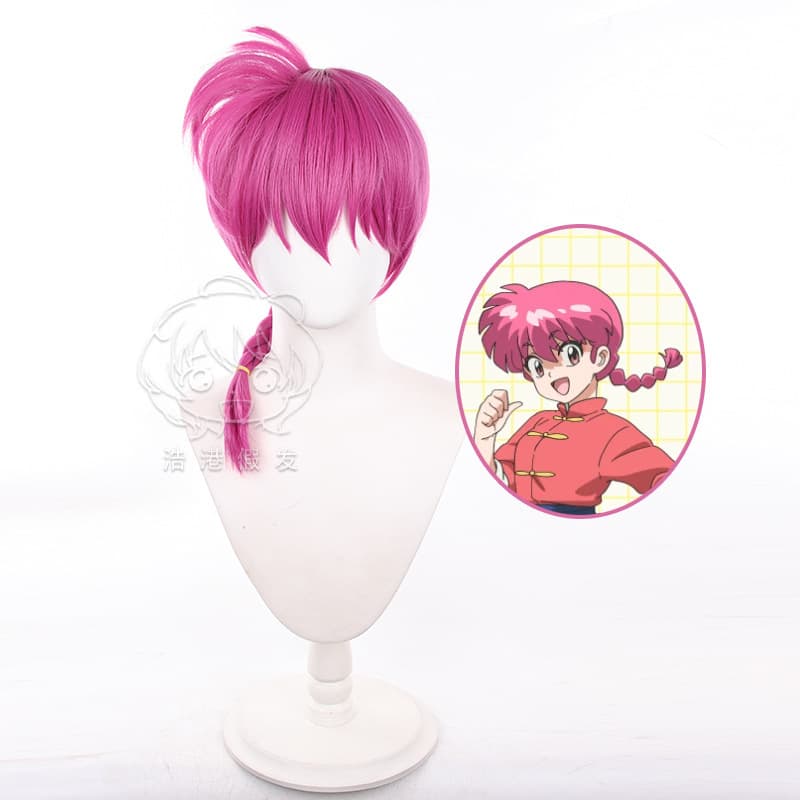 [Haogang] Ranma 1/2 Saotome Ranma cos peruca preta redonda couro cabeludo tranças longas - imagem 2