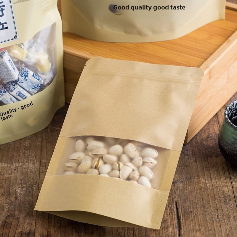 Saco de papel kraft para janela, saco ziplock, saco vertical, saco de nozes, saco de embalagem de frutas secas, saco de doces, saco de comida, saco selado - imagem 4