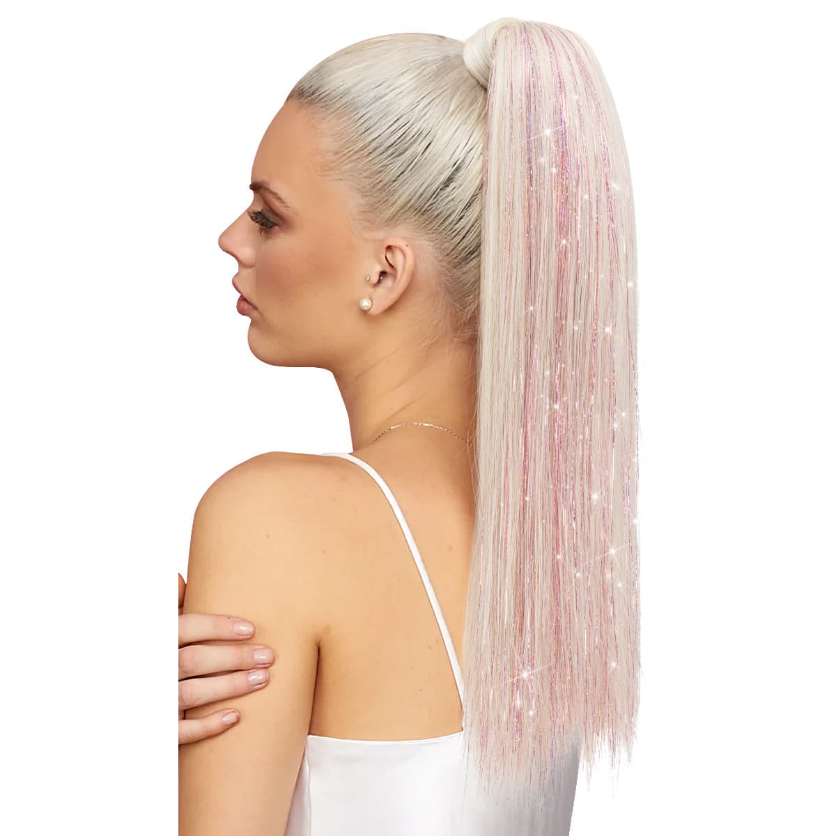 Peruca, rabo de cavalo com amarração, cinto com rabo de cavalo, cabelo liso, dourado e prateado - imagem 6