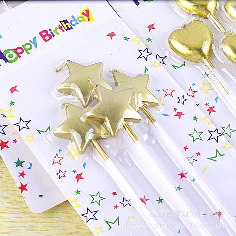 Suprimentos de decoração de bolo de aniversário, quatro pacotes, pólo longo, banhado a ouro, amor, estrela de cinco pontas, velas de aniversário - imagem 4