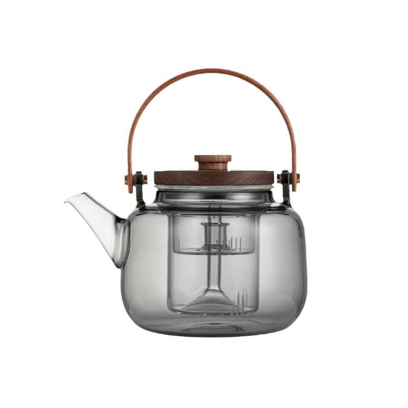 Chaleira com cabo de vidro listrado vertical de alto borosilicato com tampa de nogueira bule fumaça cinza resistente a altas temperaturas conjunto de preparação de chá - imagem 6