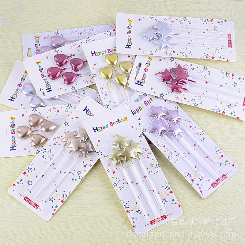 Suprimentos de decoração de bolo de aniversário, quatro pacotes, pólo longo, banhado a ouro, amor, estrela de cinco pontas, velas de aniversário - imagem 2
