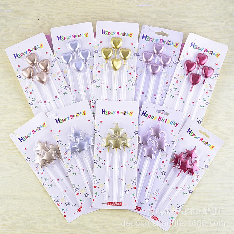 Suprimentos de decoração de bolo de aniversário, quatro pacotes, pólo longo, banhado a ouro, amor, estrela de cinco pontas, velas de aniversário - imagem 3