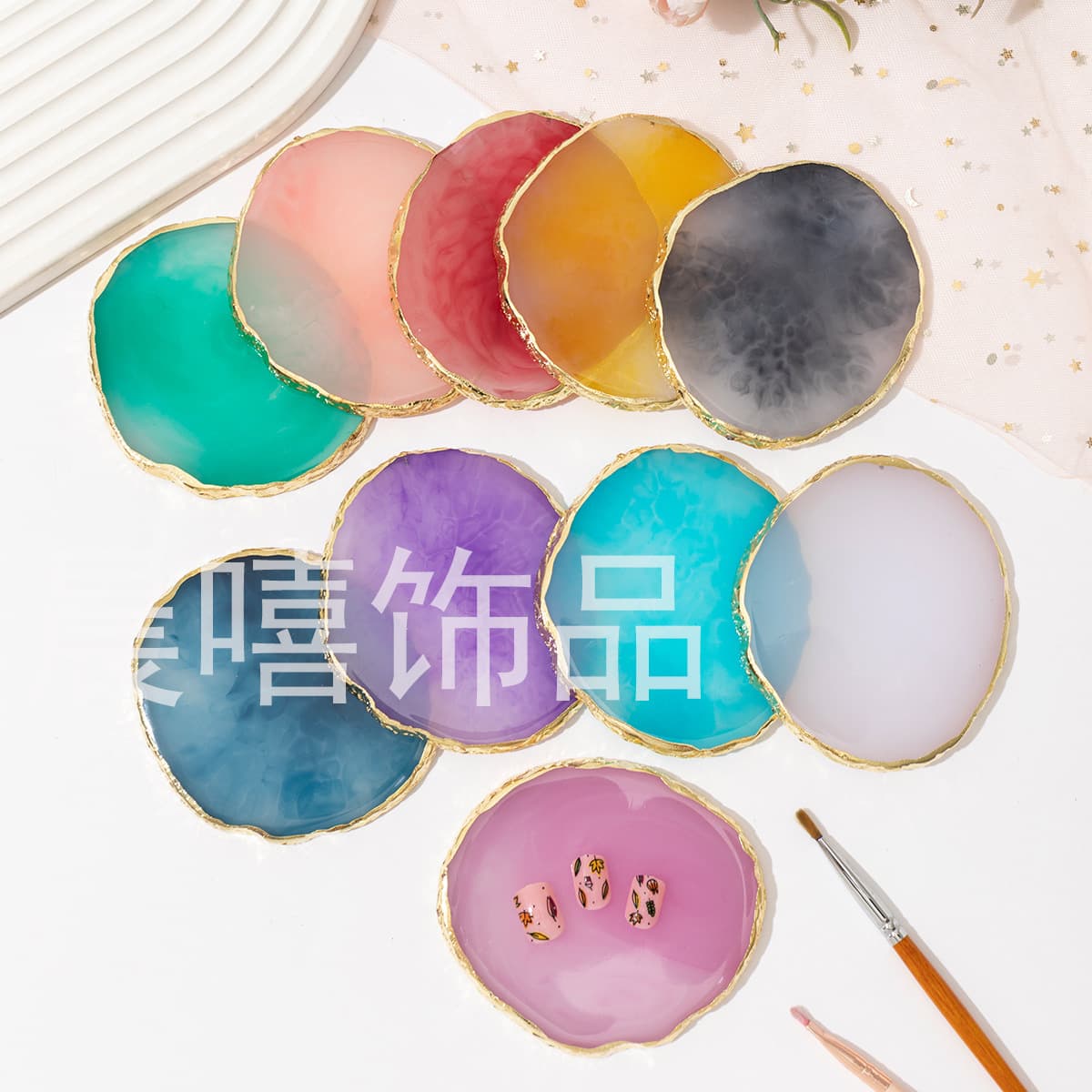 Paleta de arte em unhas, resina, ágata, borda dourada, placa de exibição de arte em unhas, paleta de arte em resina - imagem 3