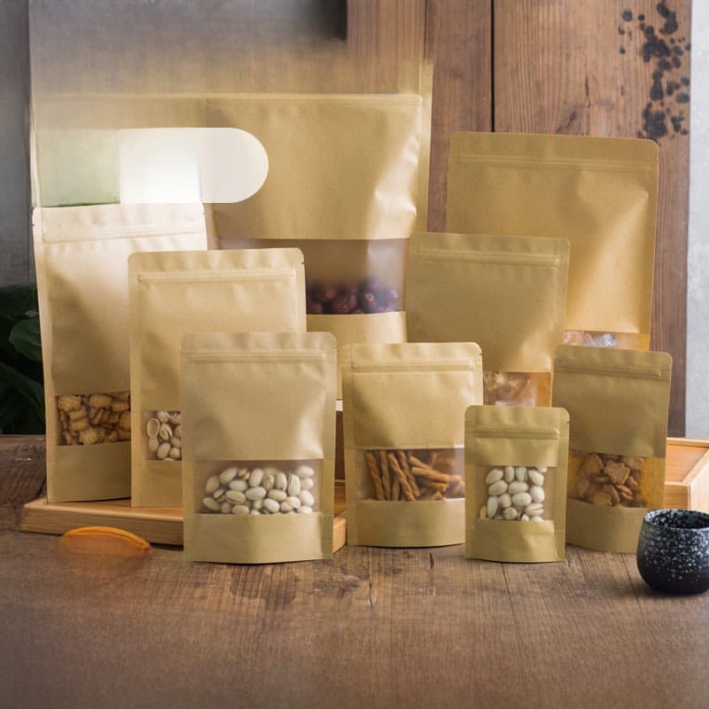 Saco de papel kraft para janela, saco ziplock, saco vertical, saco de nozes, saco de embalagem de frutas secas, saco de doces, saco de comida, saco selado - imagem 1