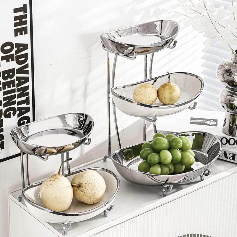 Prato de frutas de cerâmica de luxo leve prato de frutas multicamadas doméstico prato de frutas secas de alto valor tecnologia de galvanoplastia lingote prato de doces atacado - imagem 3