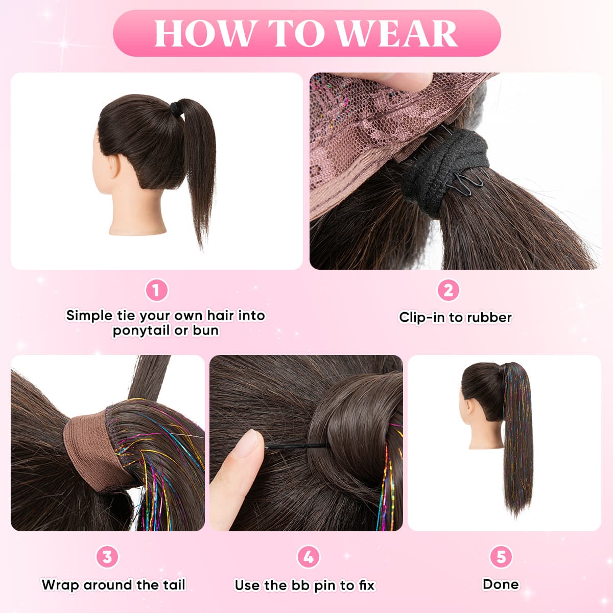 Peruca, rabo de cavalo com amarração, cinto com rabo de cavalo, cabelo liso, dourado e prateado - imagem 3