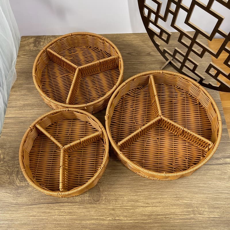 Cesta de vime redonda com três compartimentos, cesta de folhas para hotel, cesta dividida, mesa de centro, cesta de imitação de vime, cesta de lanche ktv, prato de frutas de vime - imagem 3