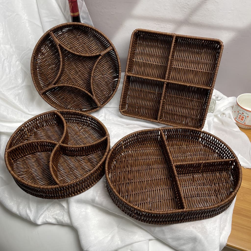 Cesta de vime redonda com três compartimentos, cesta de folhas para hotel, cesta dividida, mesa de centro, cesta de imitação de vime, cesta de lanche ktv, prato de frutas de vime - imagem 5